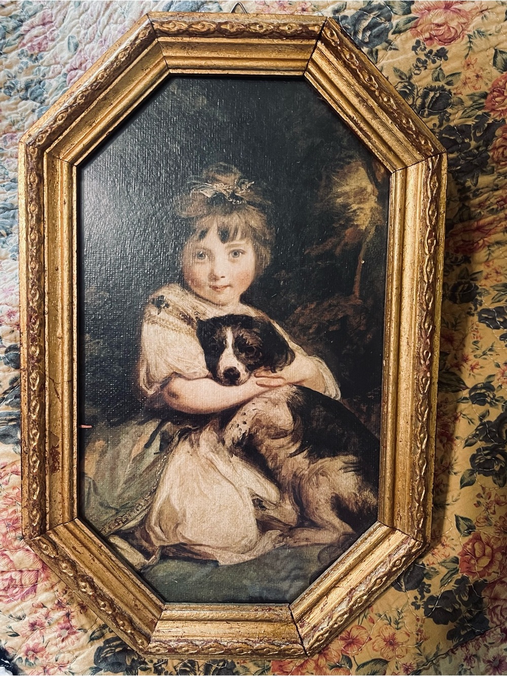 Vintage Italian Gilt Framed Print – Girl with Dog